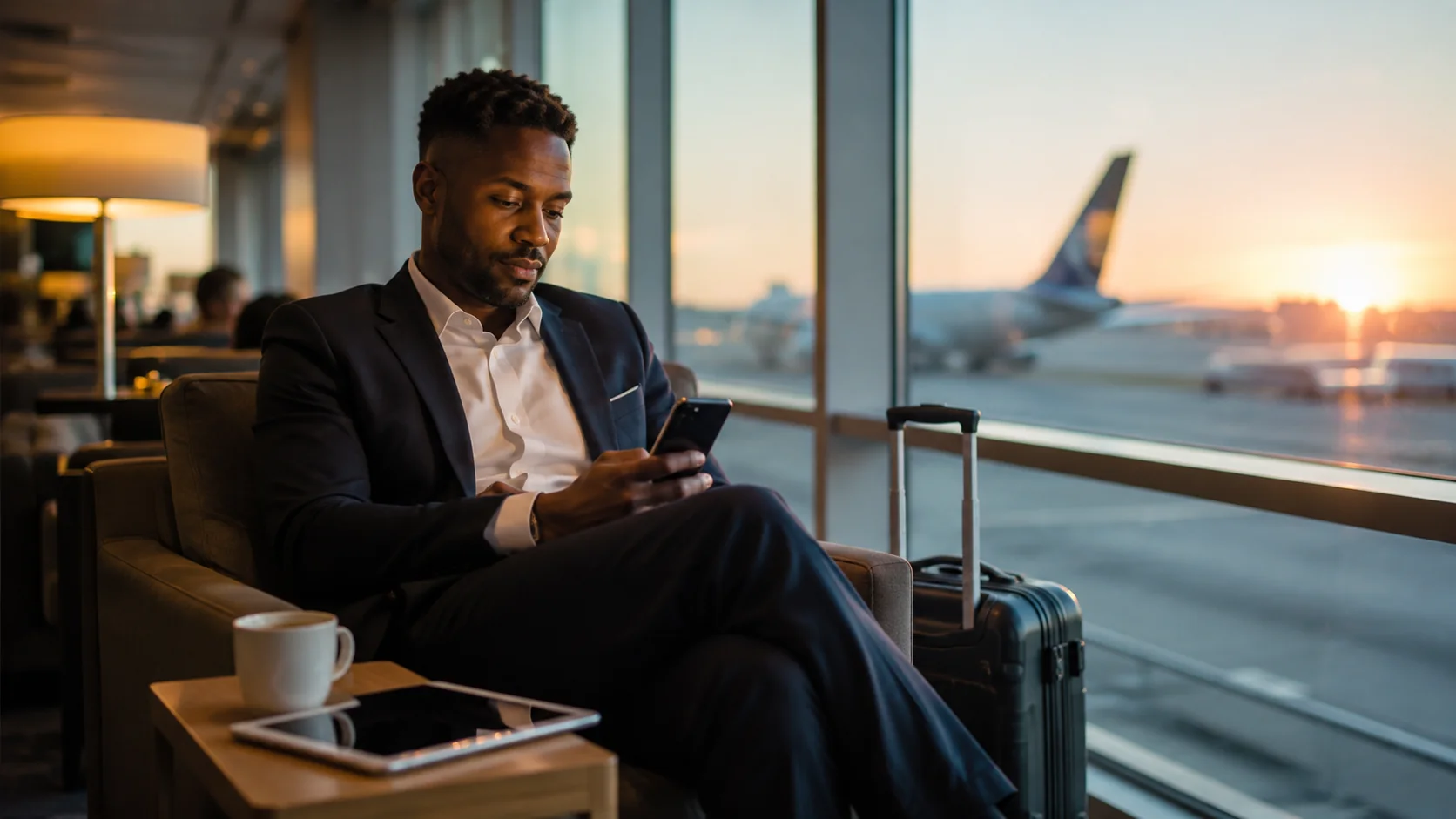 Black business executive reviewing his morning briefing in an airport lounge at sunrise