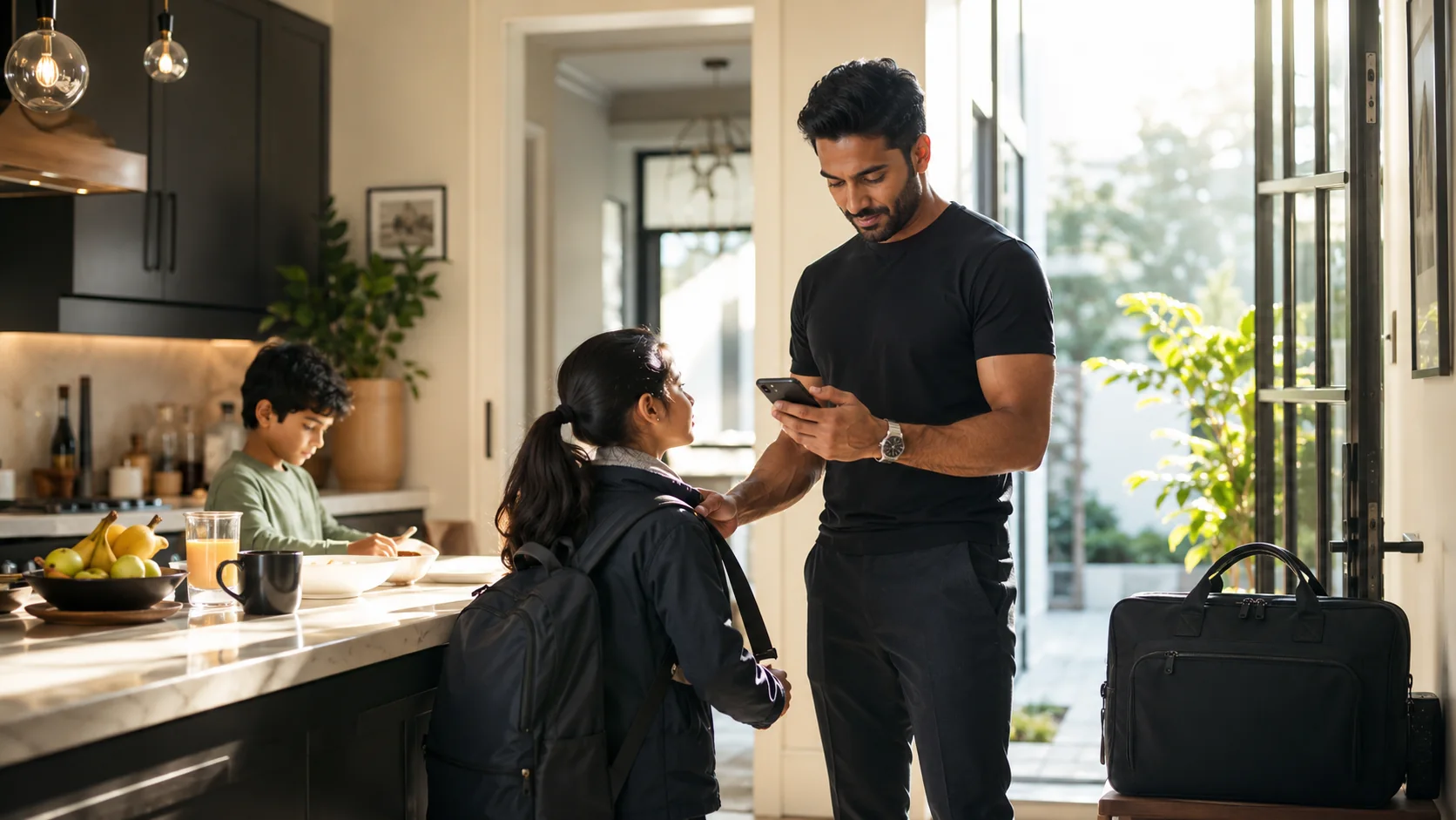South Asian father and entrepreneur checking his briefing while helping his children get ready for school