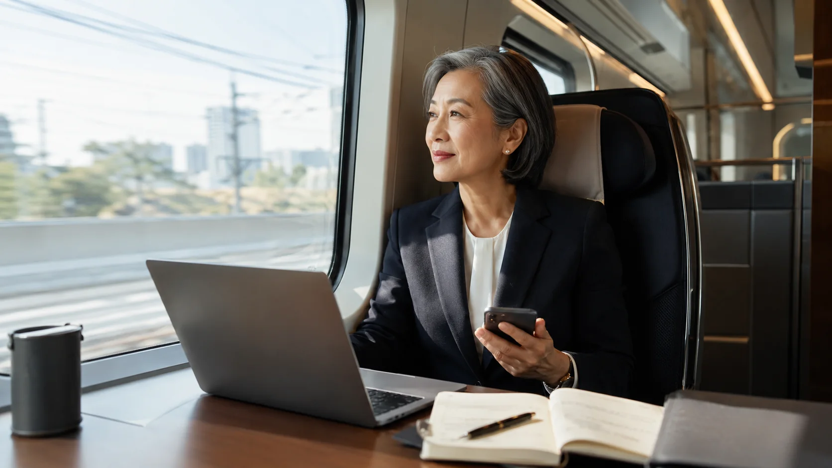 Senior East Asian executive traveling by high-speed train with her laptop, phone and notebook