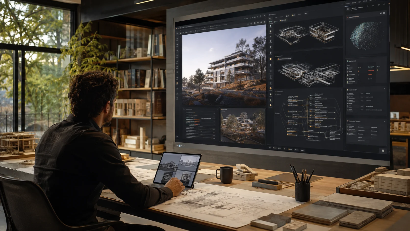 Architect using AI-assisted design systems in a modern studio