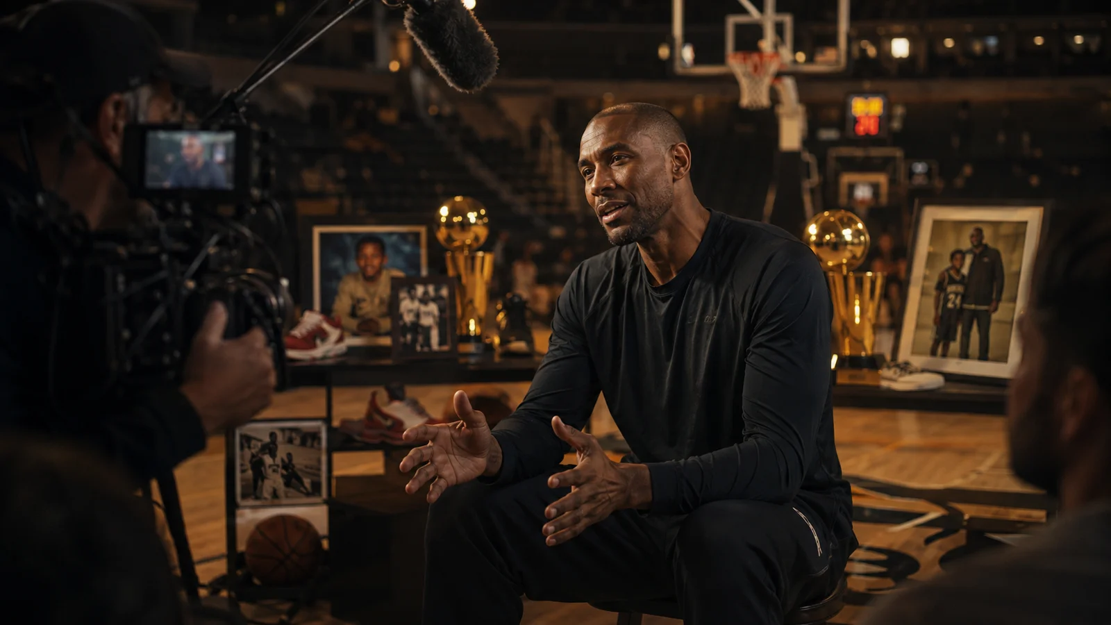 Former basketball professional being interviewed on a court surrounded by trophies and family photographs.