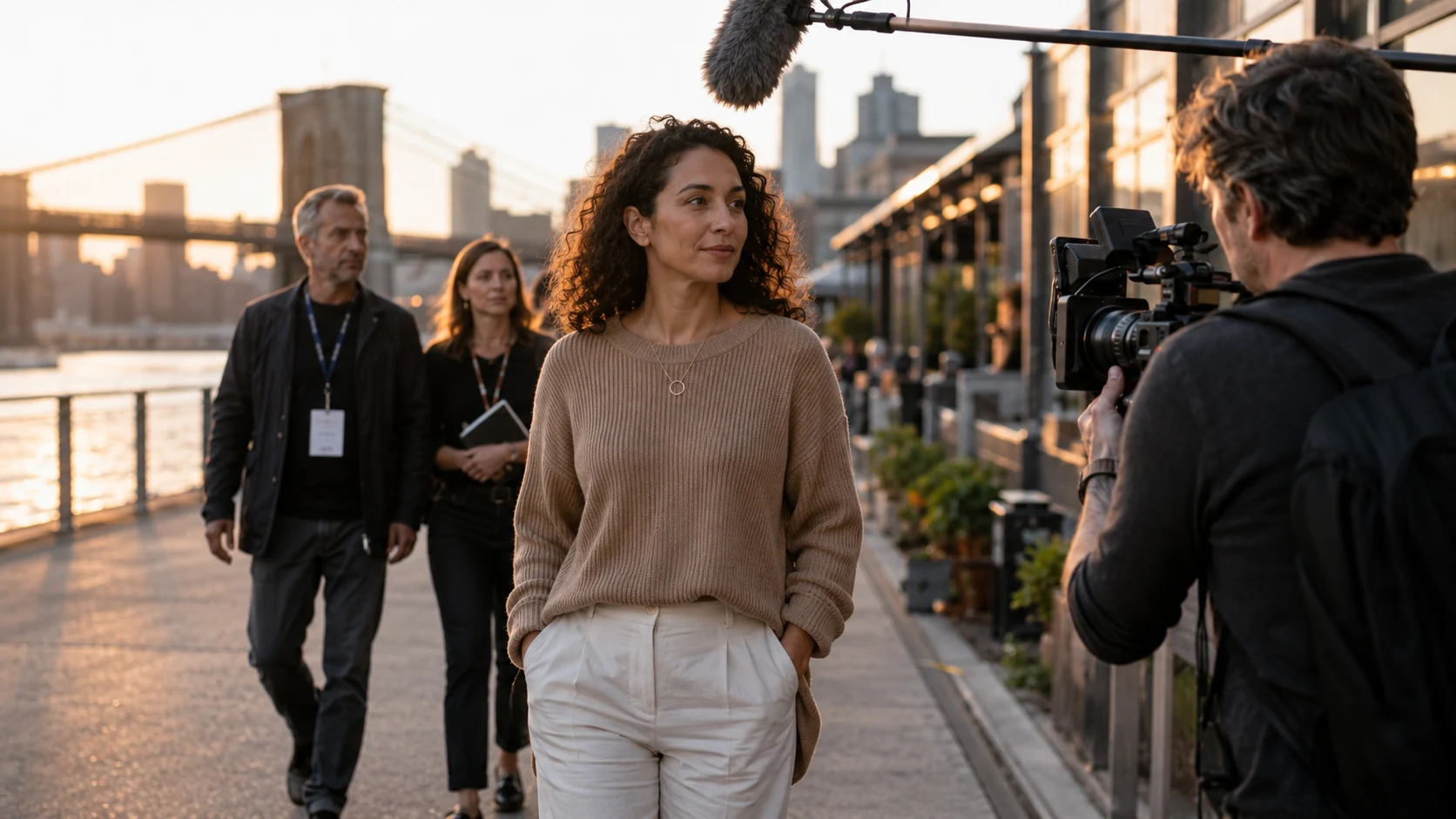 A woman being filmed outdoors in Brooklyn with a documentary crew and city skyline behind her.