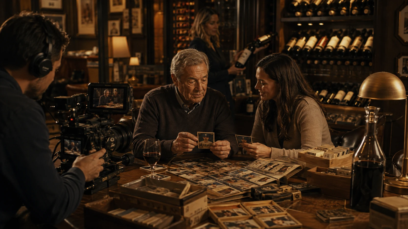 A family collector being filmed while sharing a personal archive of photographs and memorabilia.