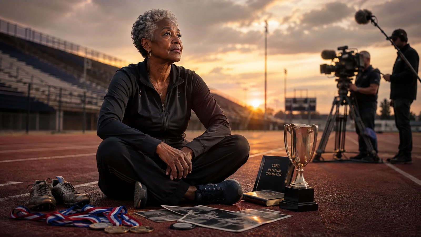 Retired champion athlete being filmed on a track at sunset with medals and photographs nearby.