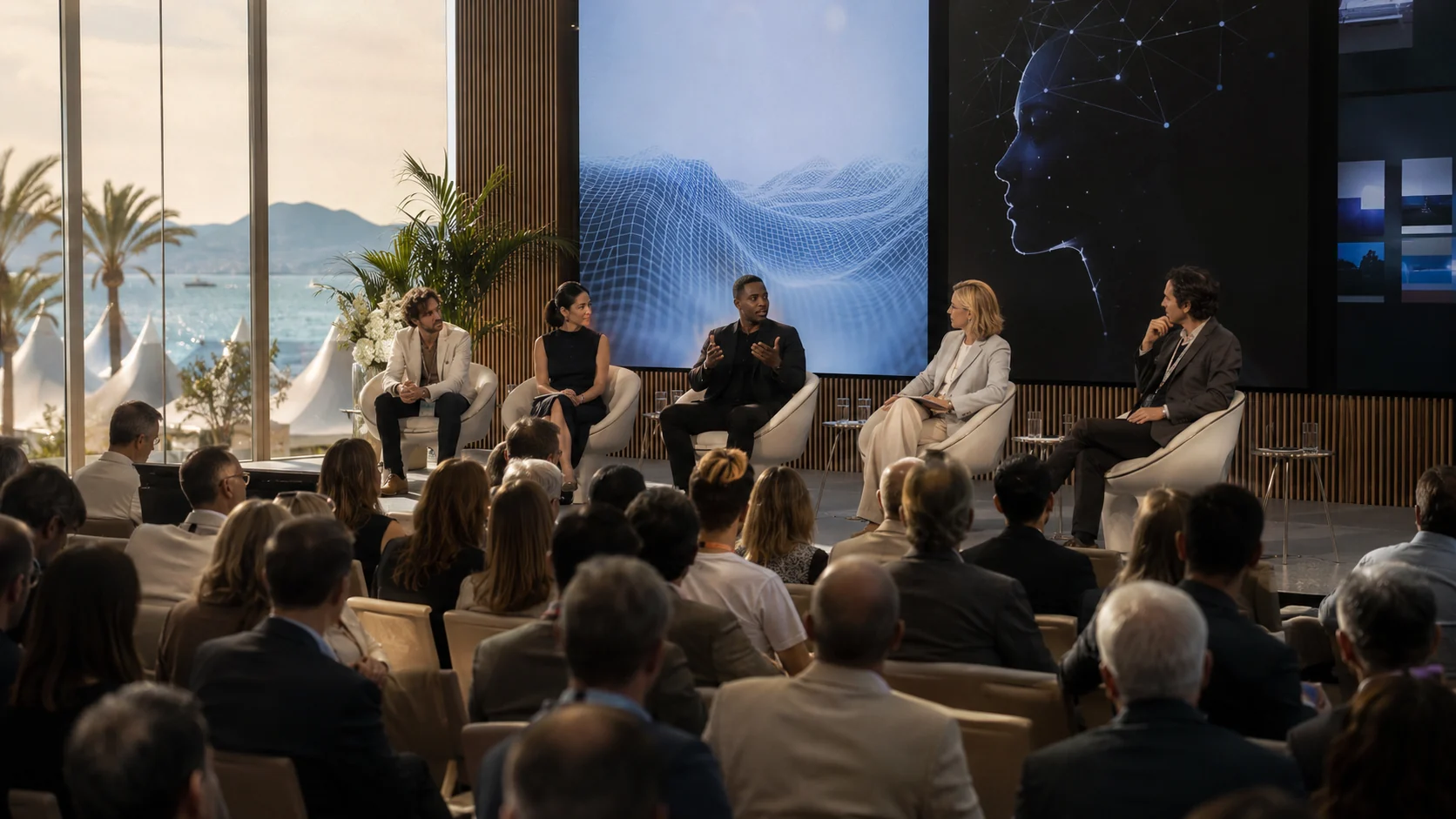 Global AI panel discussion with executives and practitioners in a coastal conference setting.