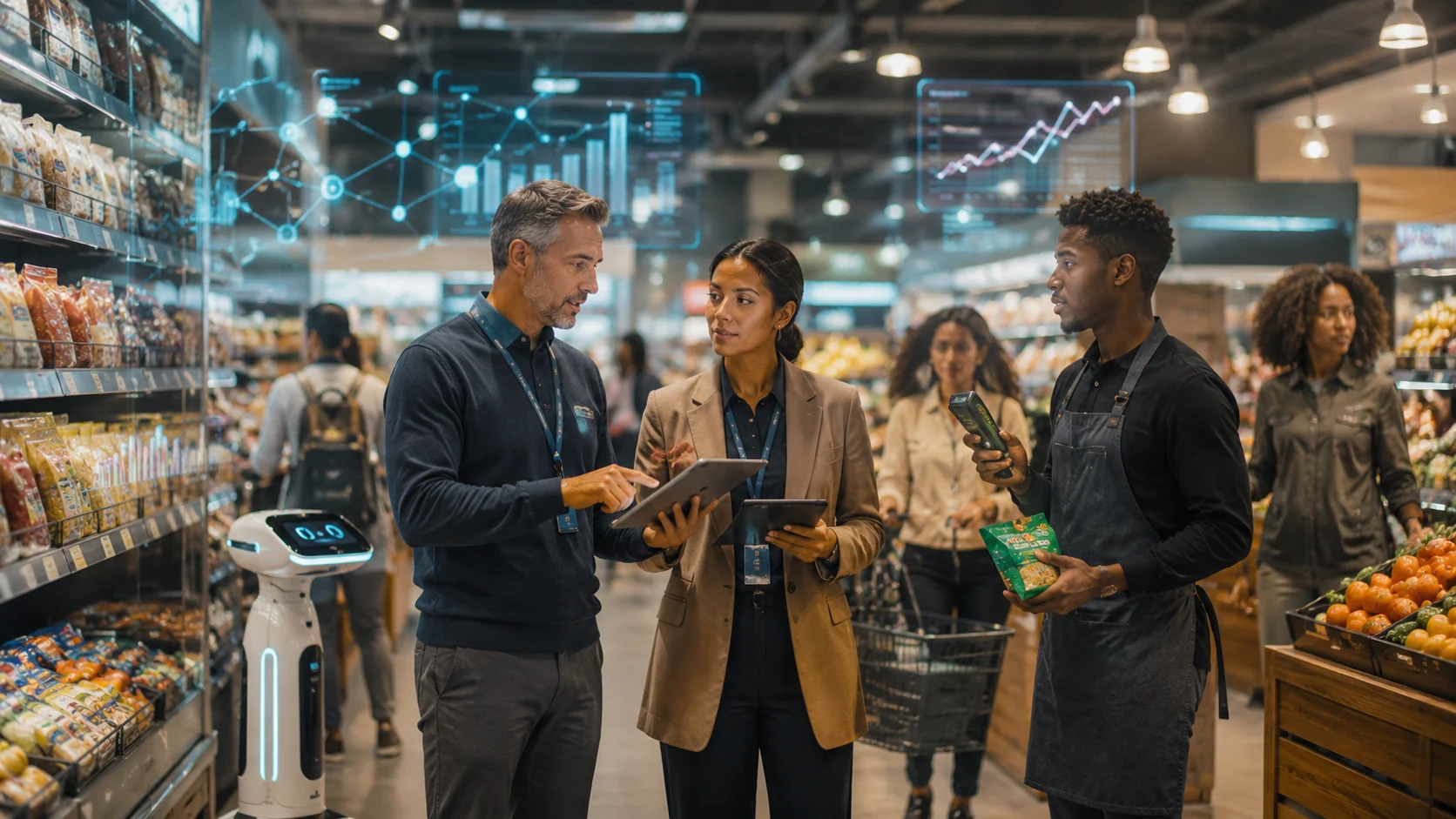 Retail operators using AI analytics and robotics inside a grocery store.