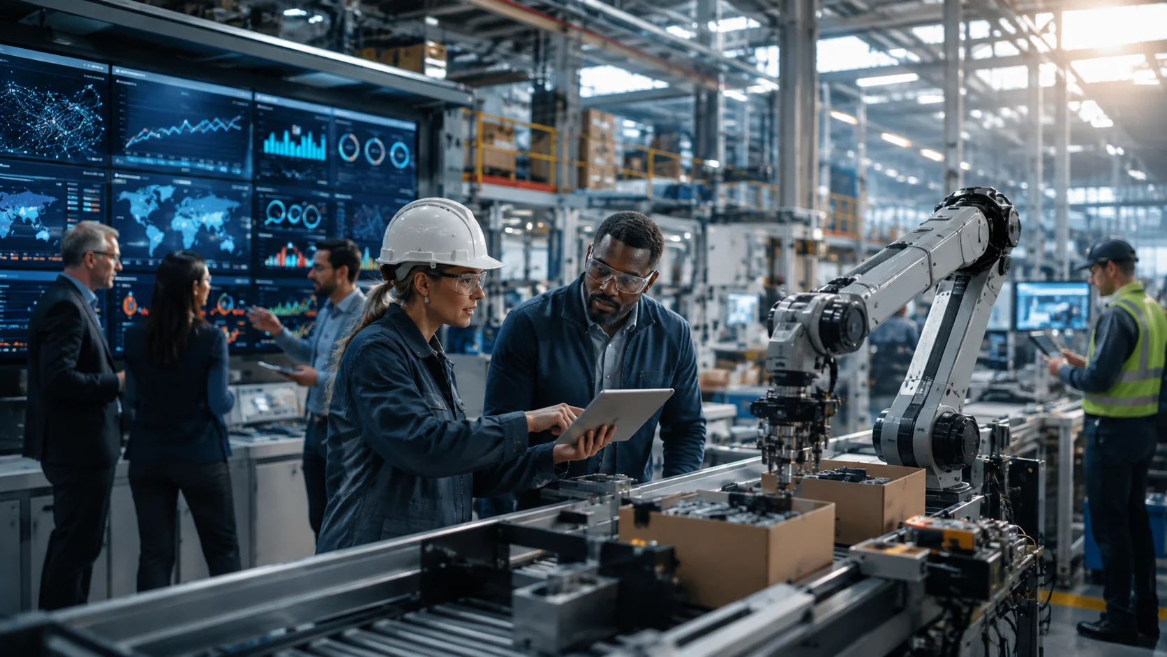 Manufacturing engineers working with AI-enabled robotics and operational intelligence.