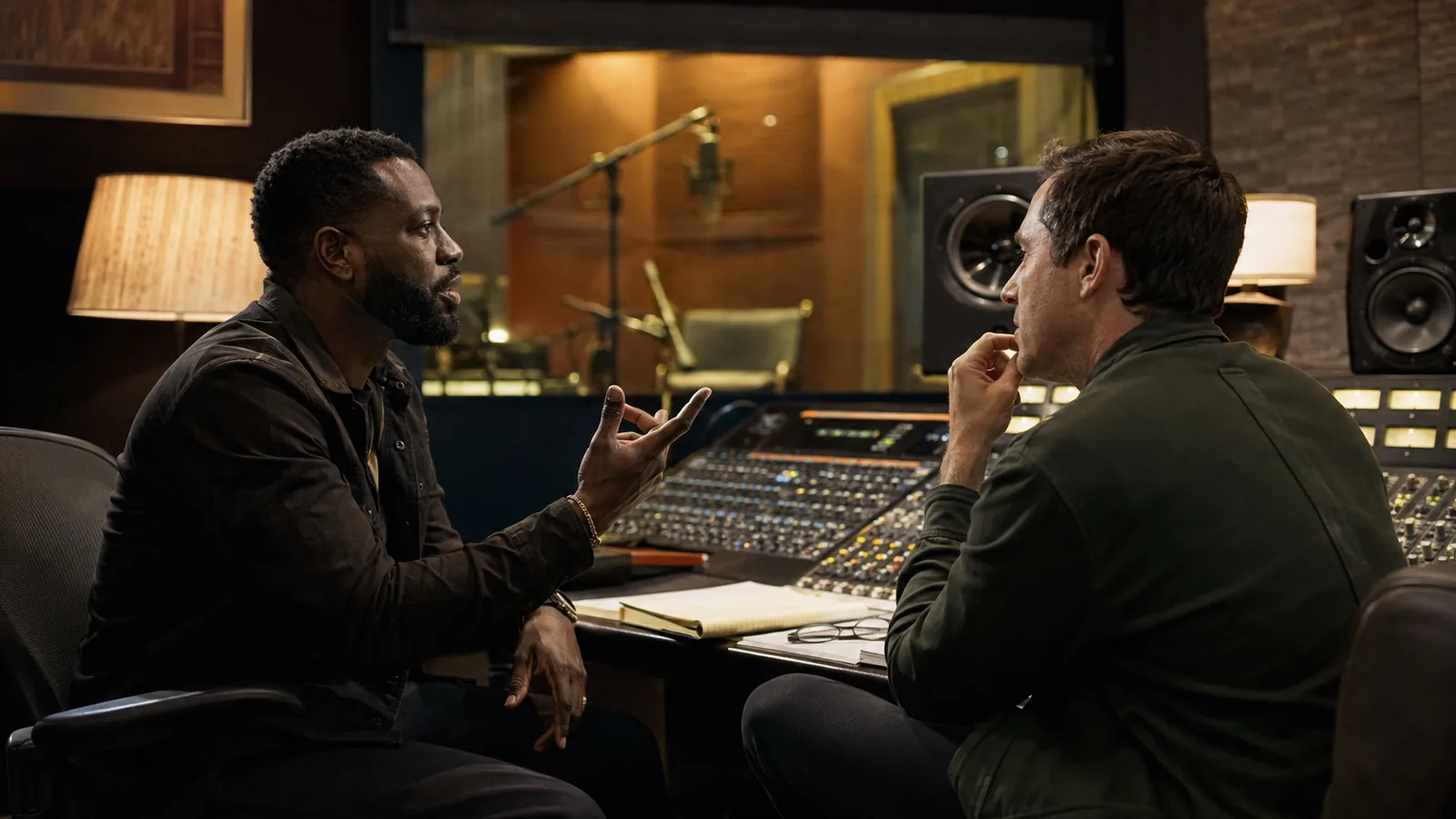 A recording studio strategy conversation between executives shaping an artist opportunity