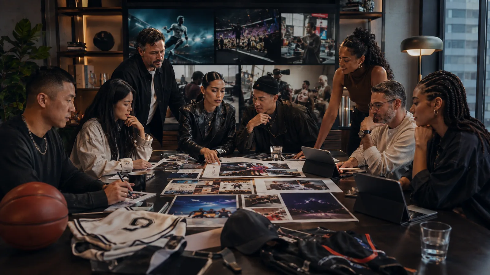 Diverse sports, media and entertainment strategy team reviewing campaigns and partnerships in a modern boardroom